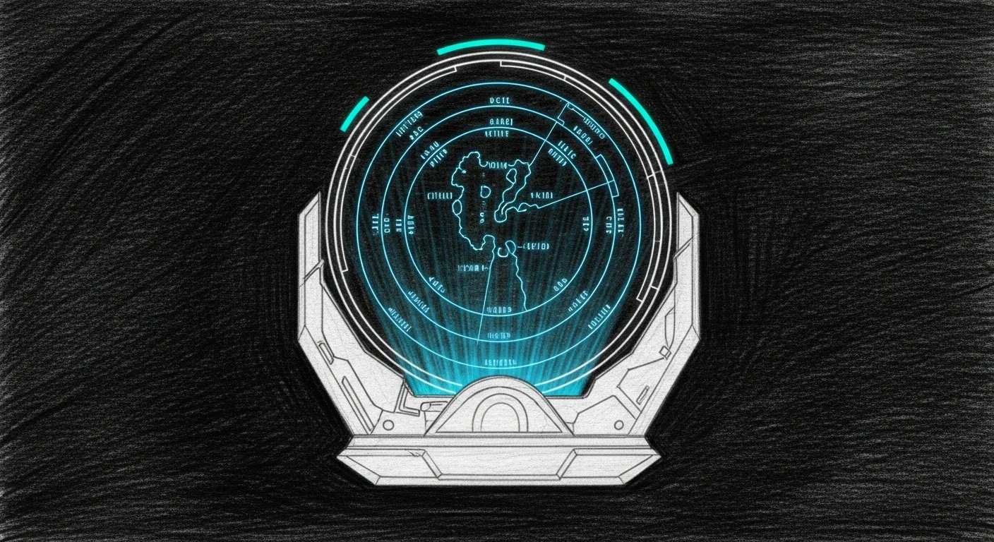 A pencil-sketch holographic Jedi Holocron projecting seven concentric arcs of code, rimmed by a single teal accent halo.