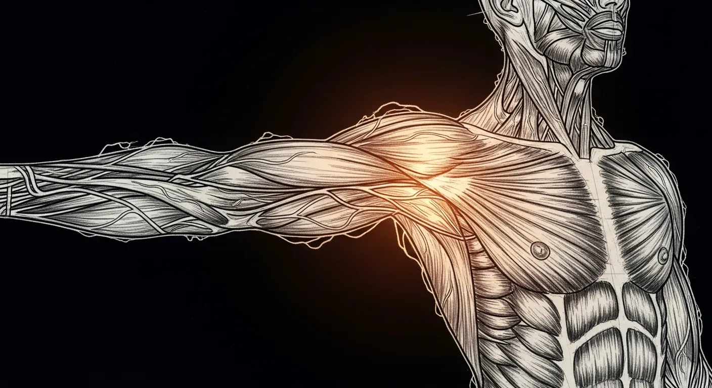 The Flesh — a pencil-sketch anatomical plate of Sanctum's Python services drawn as musculature wrapped around the skeleton, a warm amber halo through the fibres showing active feature growth
