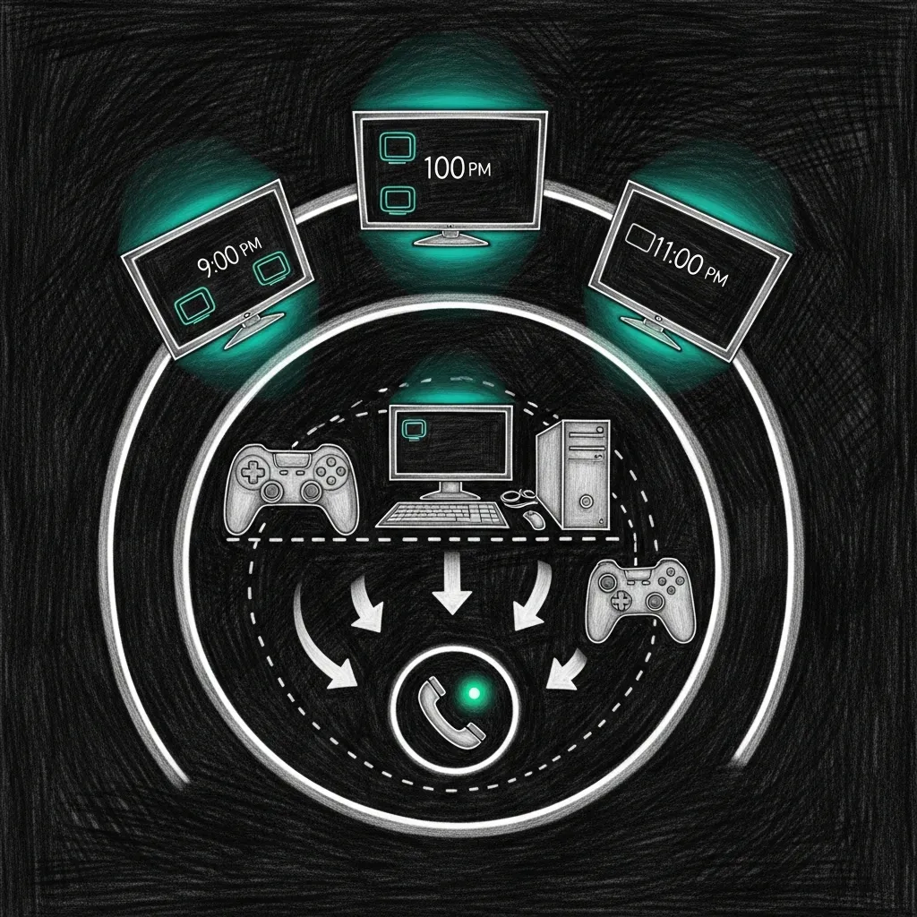 Three enforcement tiers as concentric network rings — phone presence in the center drives blocking decisions for gaming devices and screens