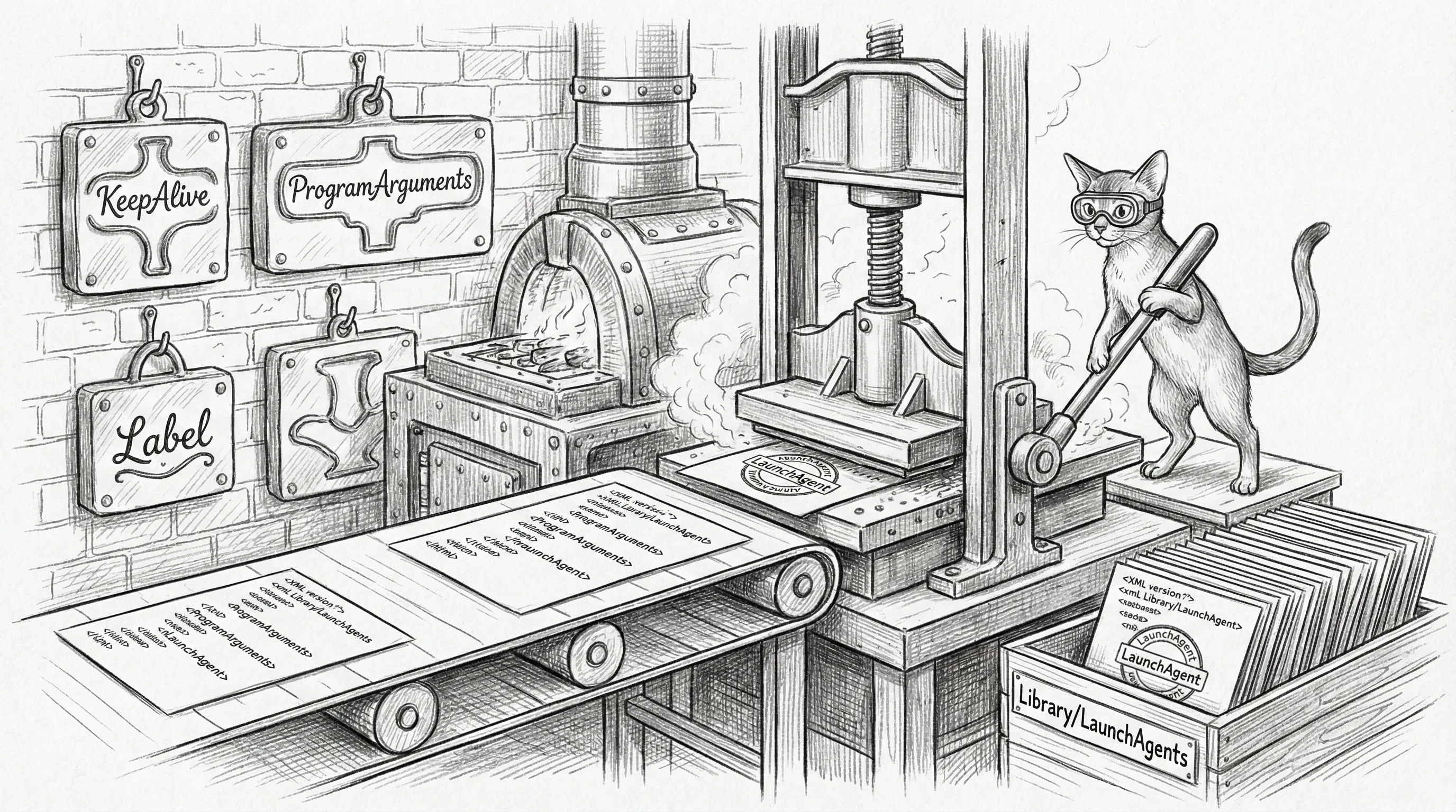 The template forge — where XML plists are stamped into existence with the precision of a bureaucracy that runs on cron