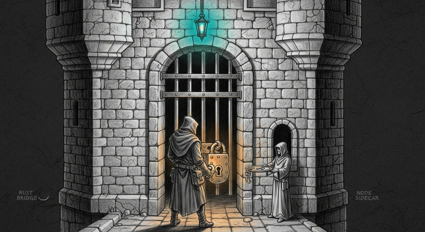 A pencil-sketched stone gatehouse on a high network ridge — iron portcullis lowered, a hooded stonemason holding a heavy lock at the threshold and a tiny robed scribe passing him a brass tray of keys through a hatch in the wall, a single teal lantern above the gate, one amber halo around the lock, deep shadow elsewhere.