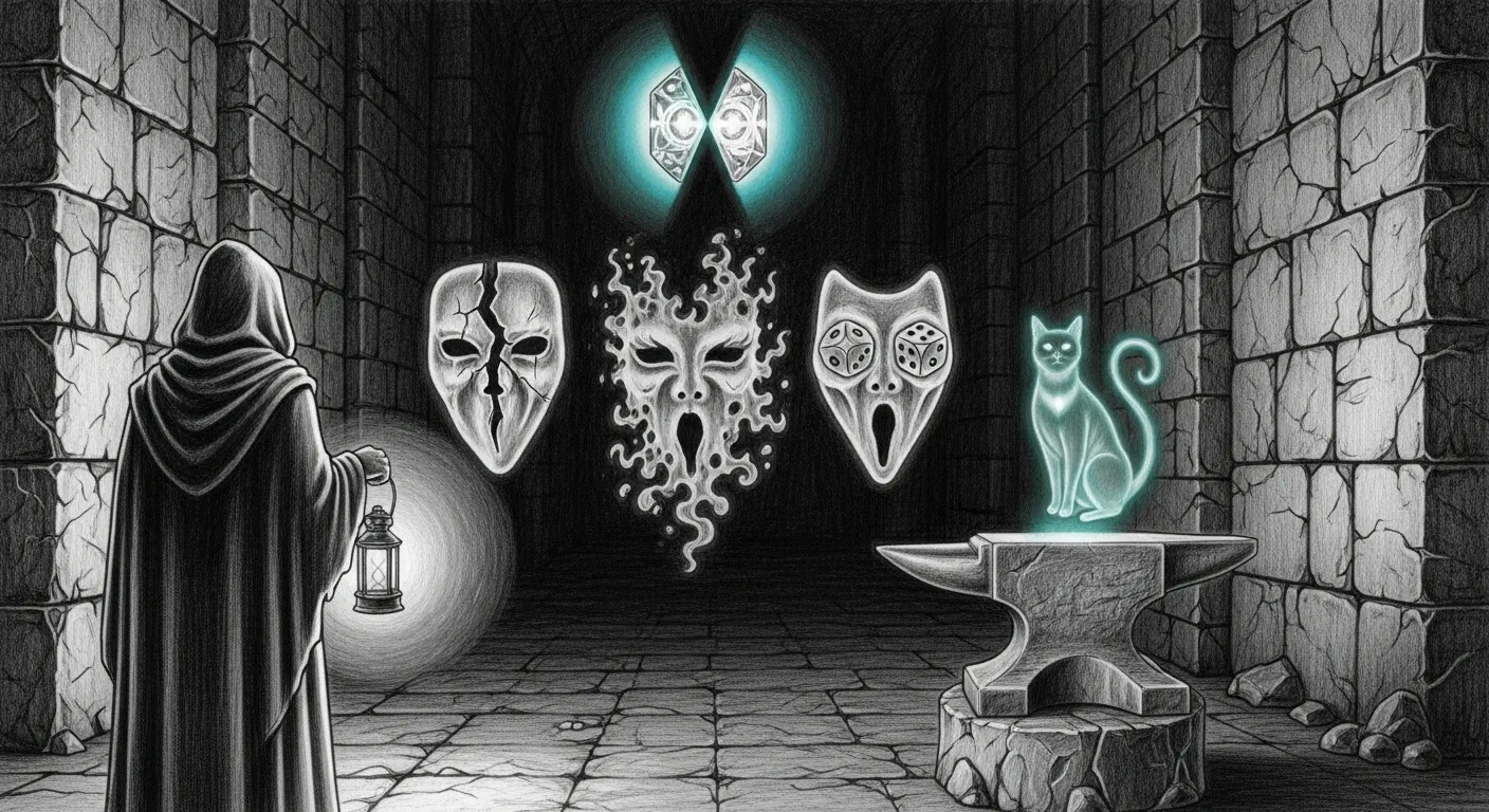 A pencil-sketch séance in a stone temple corridor: a single hooded figure holding a lantern faces three translucent ghost masks floating in a row, each mask slightly different — one cracked down the middle, one dissolving into smoke at its edges, one with hollow dice for eyes. Behind the figure, a forge anvil holds a glowing kyber crystal split into two halves of unequal brightness, teal accent halo