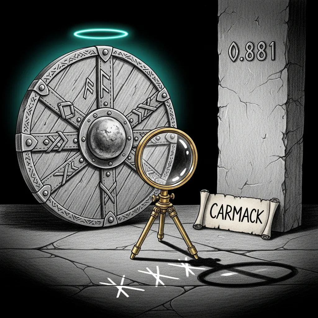 A pencil-sketch forensic still life on dark background: a noble round shield with leather straps stands upright in the foreground, a teal halo catching its rim; in front of it a brass magnifying glass on a small tripod is focused squarely on the shield's cast shadow on the stone floor, where an inspector has chalk-marked three tally Xs; the shield itself bears no marks; between them lies an open scroll labeled CARMACK; behind both, a tall stone pillar bears the inscription 0.881 in faint silver