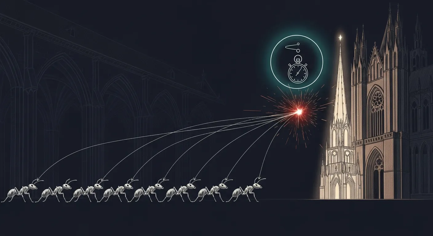 Eight worker ants firing requests at a cathedral spire, with a single red crash spark caught mid-flight by a teal-halo stopwatch